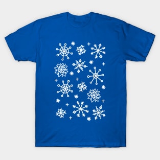 White Doodle Snowflake Pattern on Dark Blue Background, made by EndlessEmporium T-Shirt